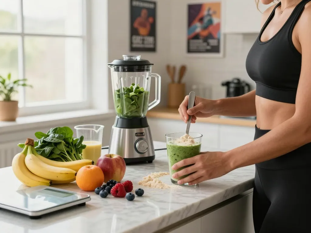 Preparing a CJC-1295 smoothie in a bright kitchen with fresh fruits and greens.