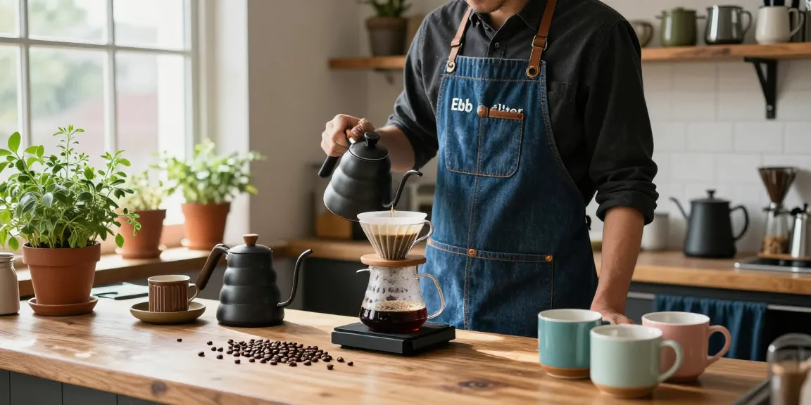 Barista at www.ebbfilter.com brewing coffee in an upcycled denim apron surrounded by coffee-making essentials.