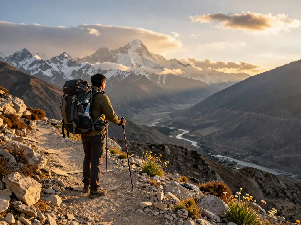 Manaslu Trek traveler at a scenic viewpoint with stunning mountain views during sunset
