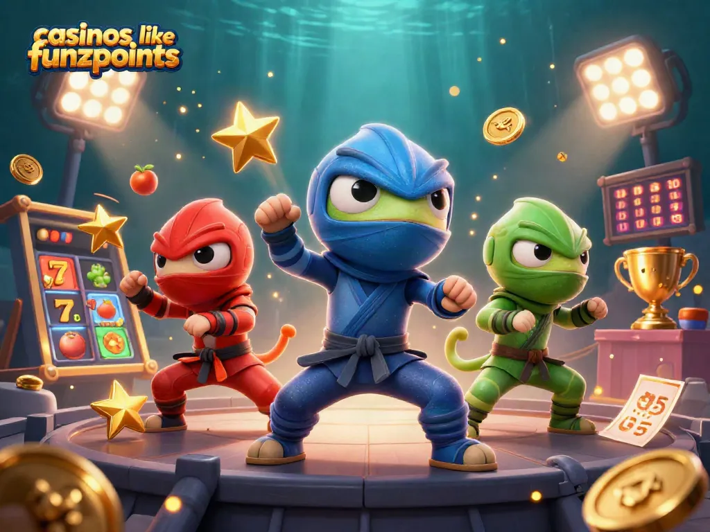 Engage with top casinos like Funzpoints, featuring chameleon ninjas, slot reels, and vibrant gaming elements.