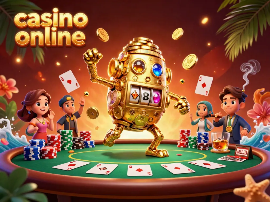 Experience captivating casino online action with a golden golem and poker scene.