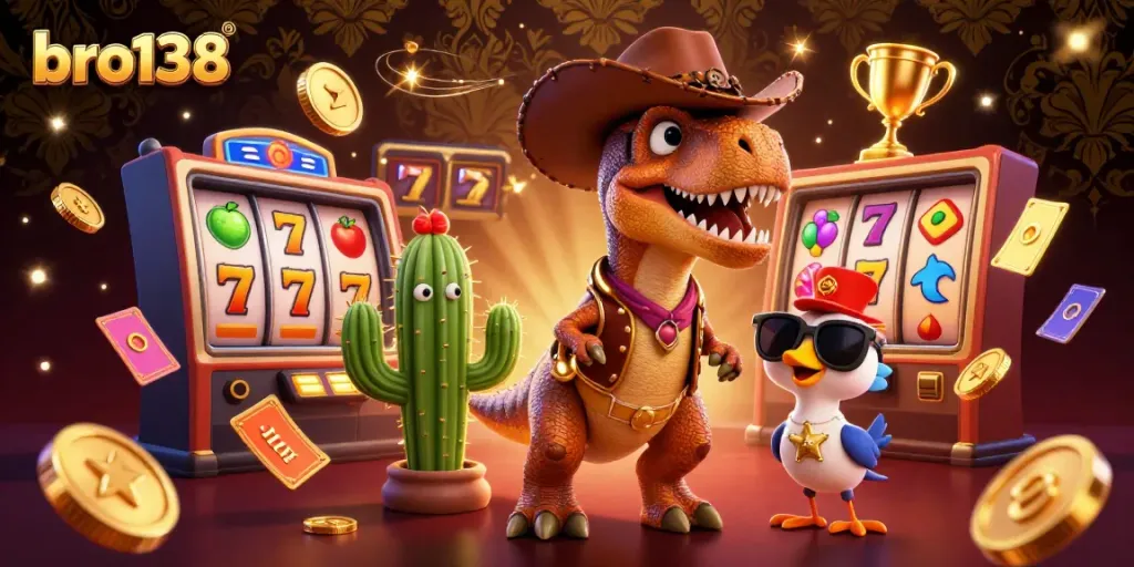 Engage in thrilling games at bro138, featuring cartoon dinosaurs and dazzling slot machines.