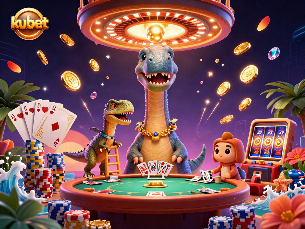 Kubet casino showcases a playful 3D illustration with a towering brontosaurus amidst vibrant game elements.