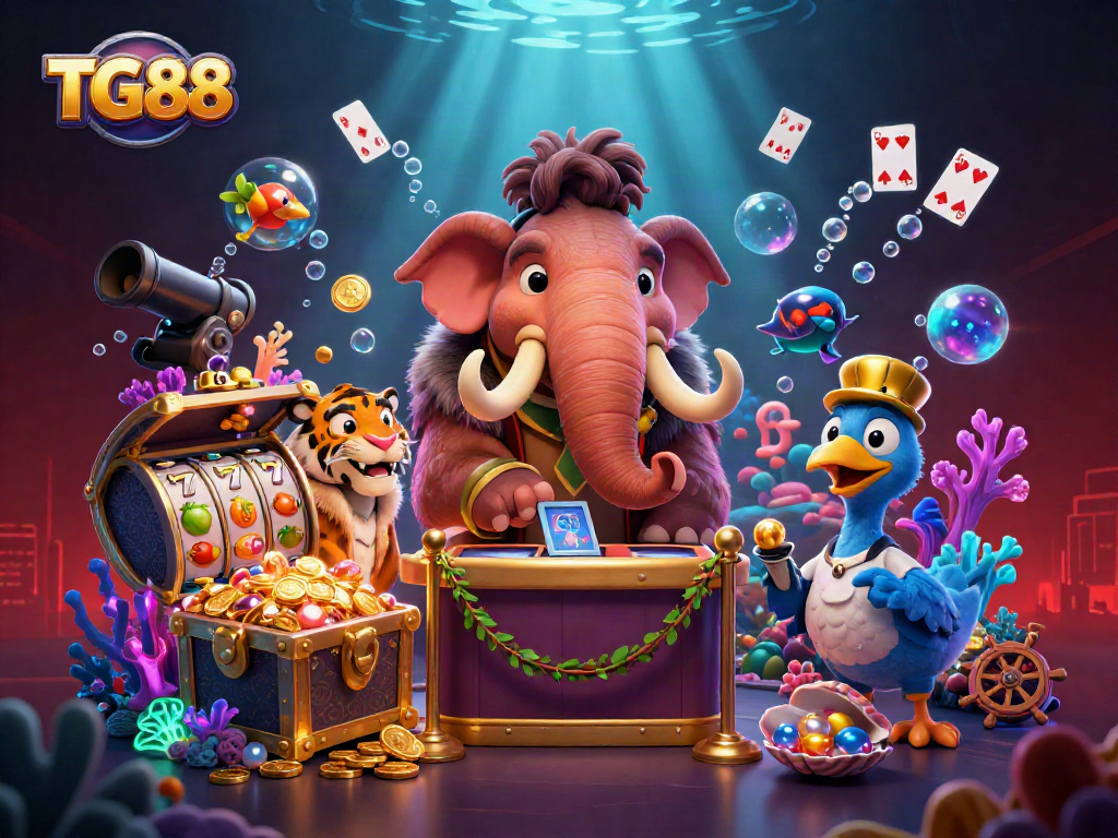 Experience the excitement at TG88 casino with a vibrant 3D scene featuring unique characters and jackpot slots.