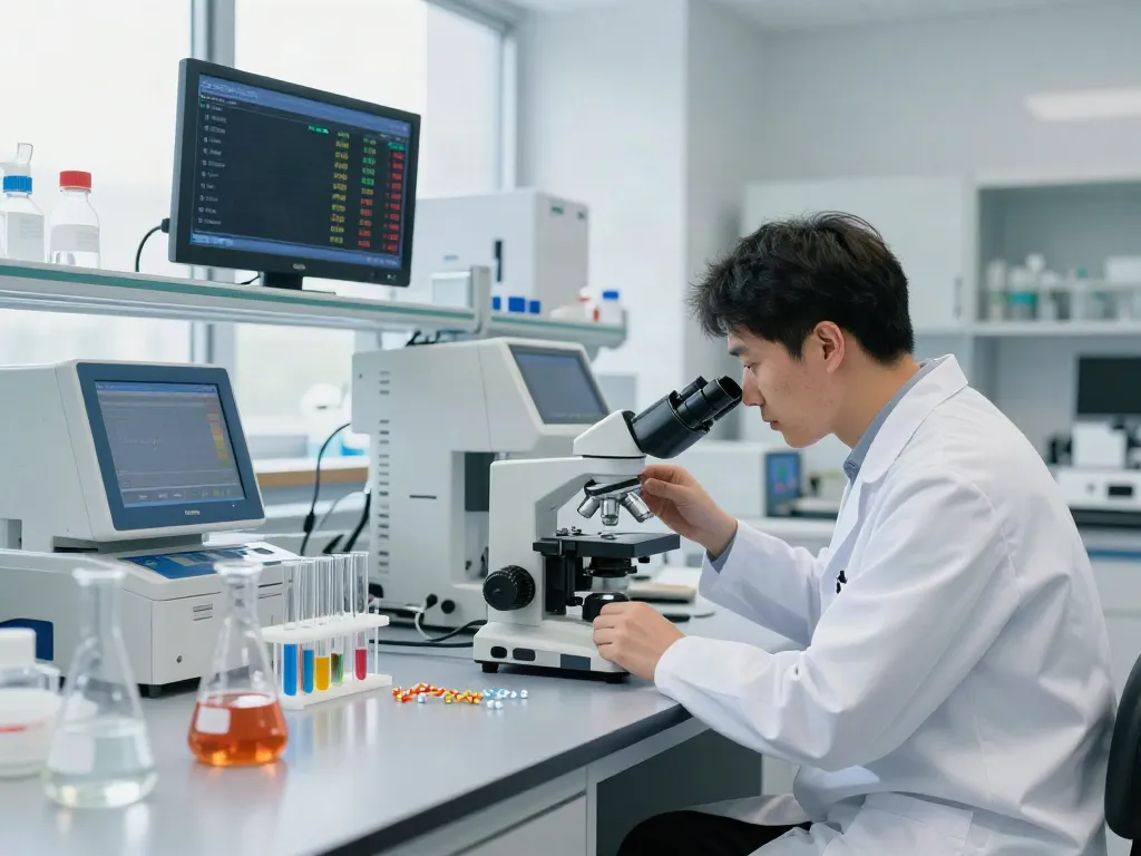 Peptides pricing analysis in a modern lab with scientists and synthesis equipment