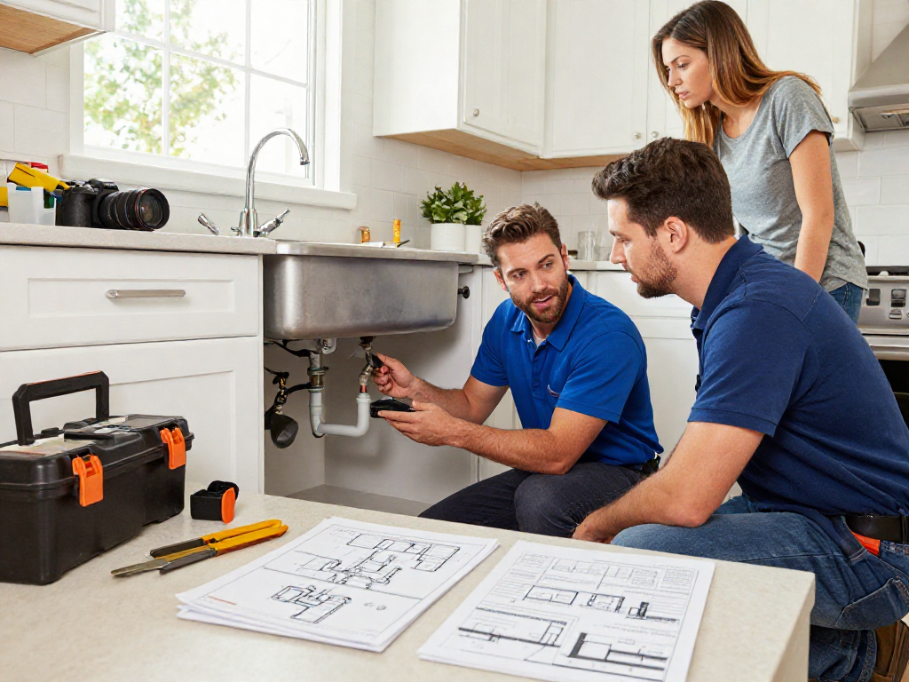 Leak repair Fort Worth in action, skilled technician resolving kitchen plumbing issue with visible tools and homeowner interaction.