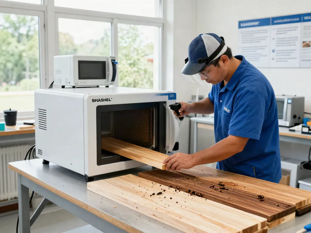 SHASHEL® microwave equipment effectively eliminating wood-boring insects in a professional workshop.