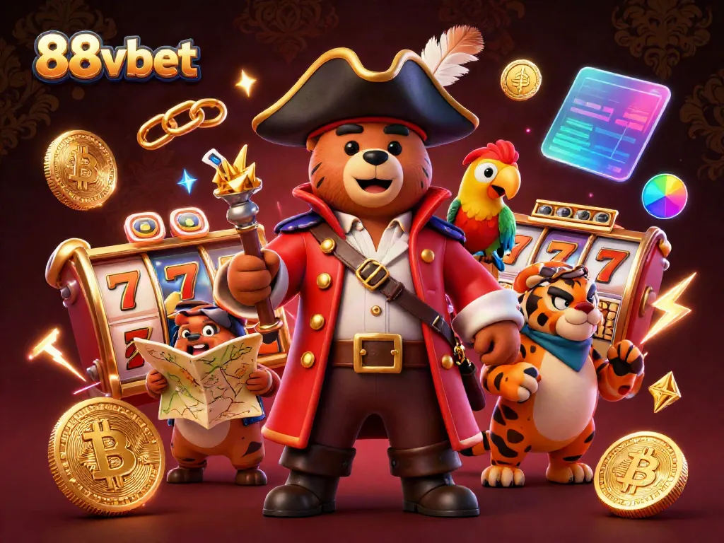 88vbet showcases a vibrant scene with a pirate bear, tiger, and parrot amidst slot games and crypto coins.