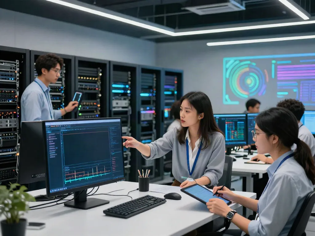 Engineers collaborating in a modern data center, discussing what are AI tokens and data processing strategies.