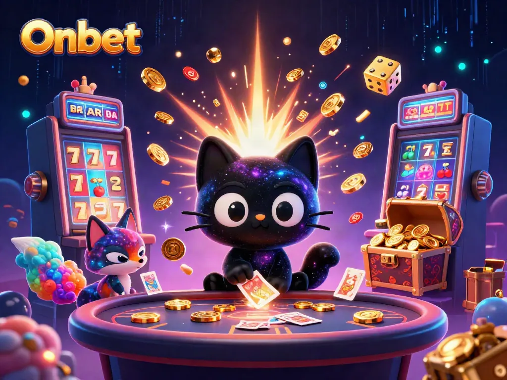 Experience Onbet's cosmic casino adventure with a black hole cat and colorful gas fox, showcasing vibrant game elements.