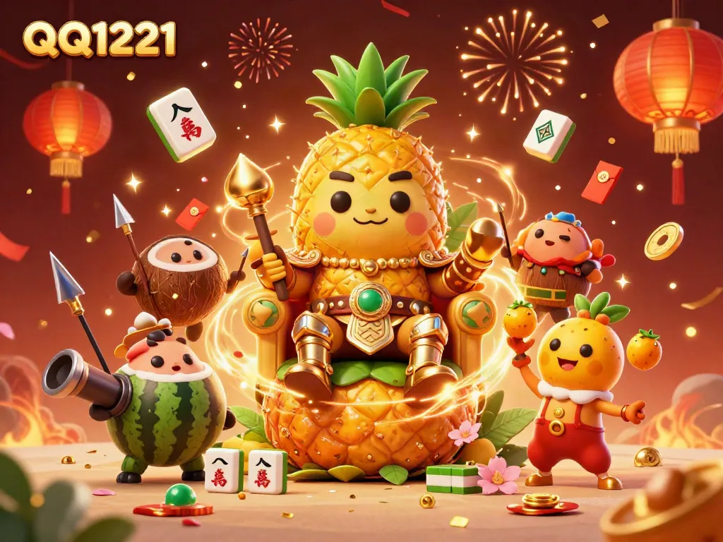Experience the vibrant world of QQ1221 with a golden pineapple king and whimsical characters in a beach casino setting.