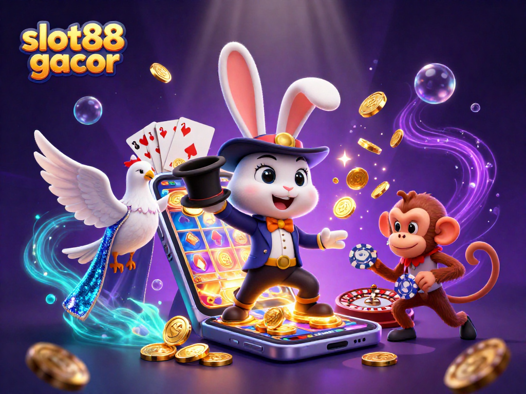 Experience thrilling slot88 gacor action with a magician, dove, and monkey among vibrant casino elements.