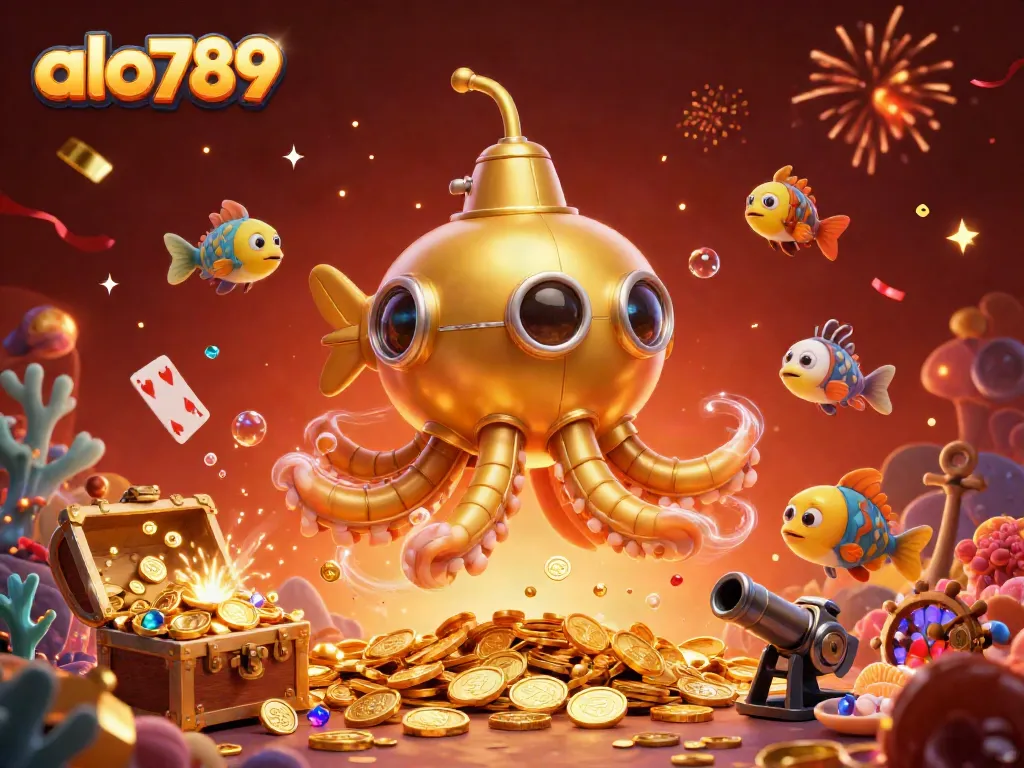 Engage with alo789’s golden kraken submarine adventure, showcased in a sea of treasure.