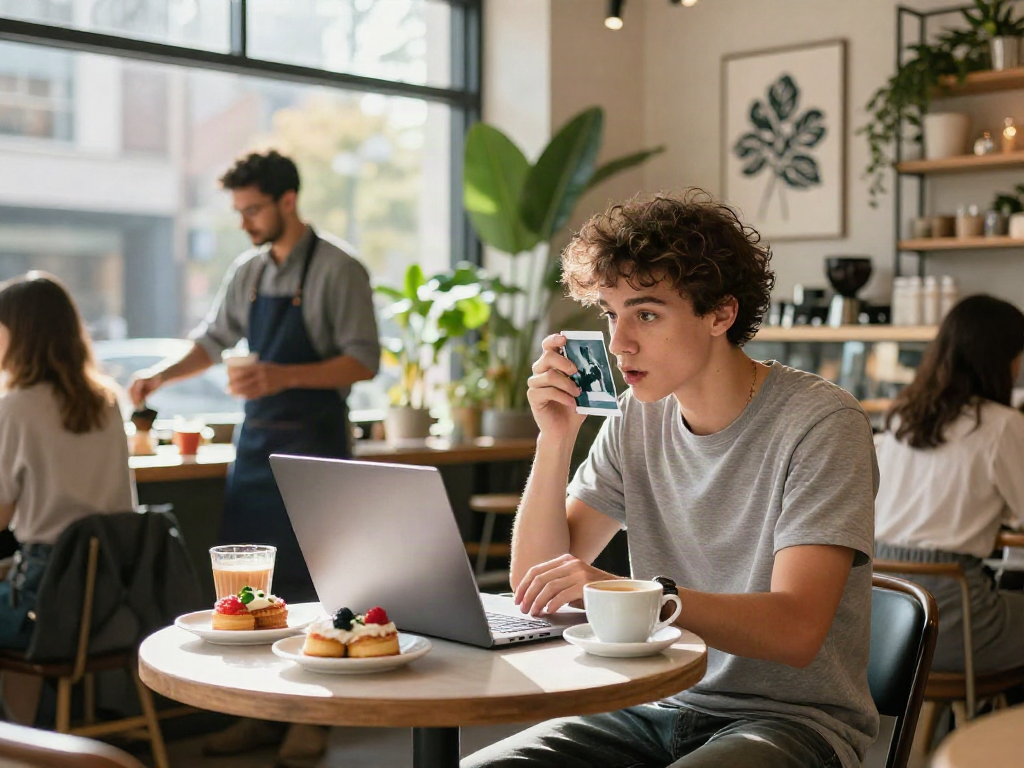 Young person interacting with a test of attractiveness in a vibrant cafe.