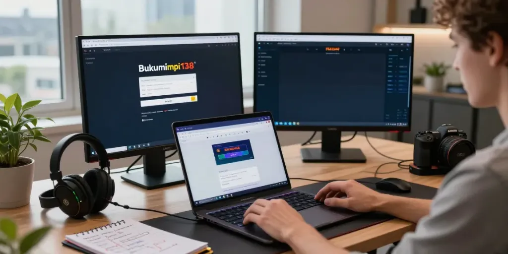 Pengguna menyelesaikan proses bukumimpi138 login dengan laptop dan smartphone, suasana modern yang fokus dan nyaman.