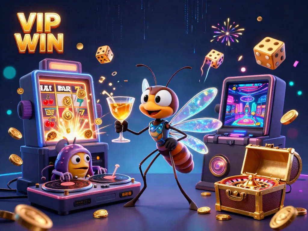 Experience the excitement of VIP WIN with a dynamic 3D casino-themed illustration featuring unique characters and gaming elements.