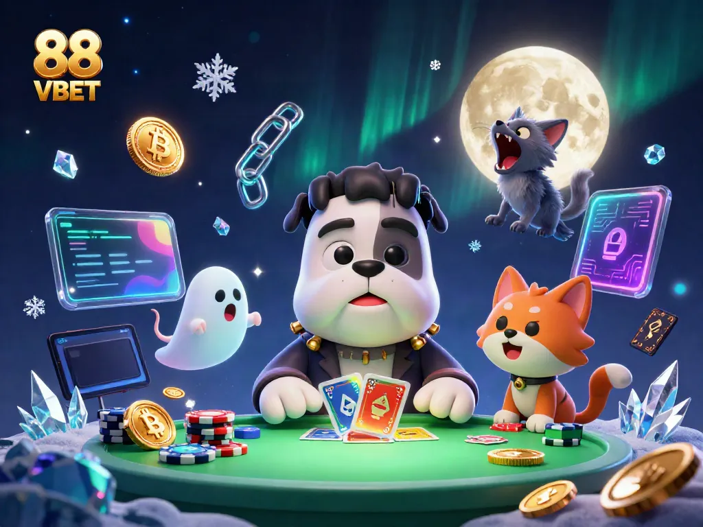 Participate in thrilling card games at 88 VBET, featuring vibrant characters and crypto elements.