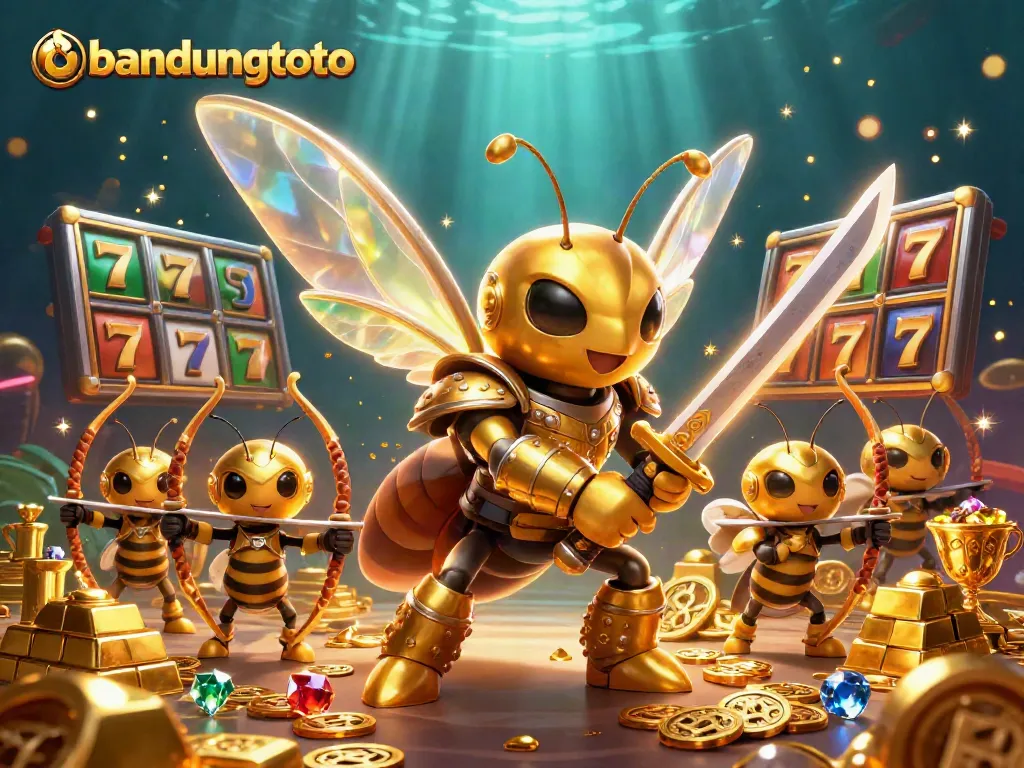 Experience the excitement of winning with bandungtoto in a vibrant casino illustration featuring a golden hornet and slot elements.