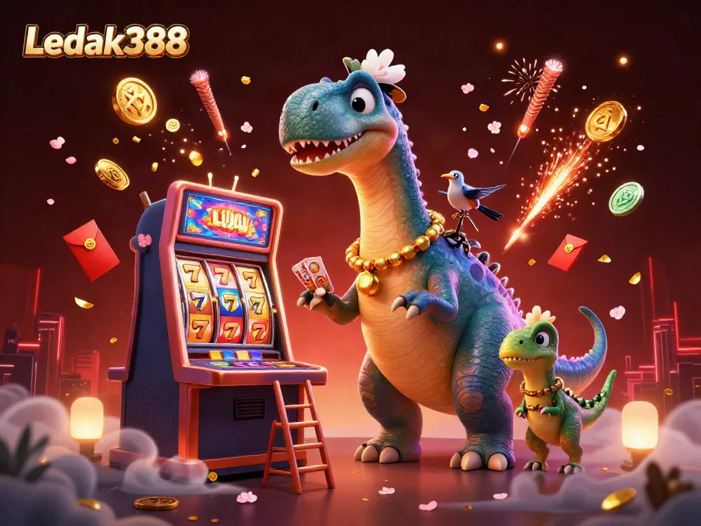 Witness the Ledak388 brontosaurus alongside vibrant slot themes and lively casino elements.