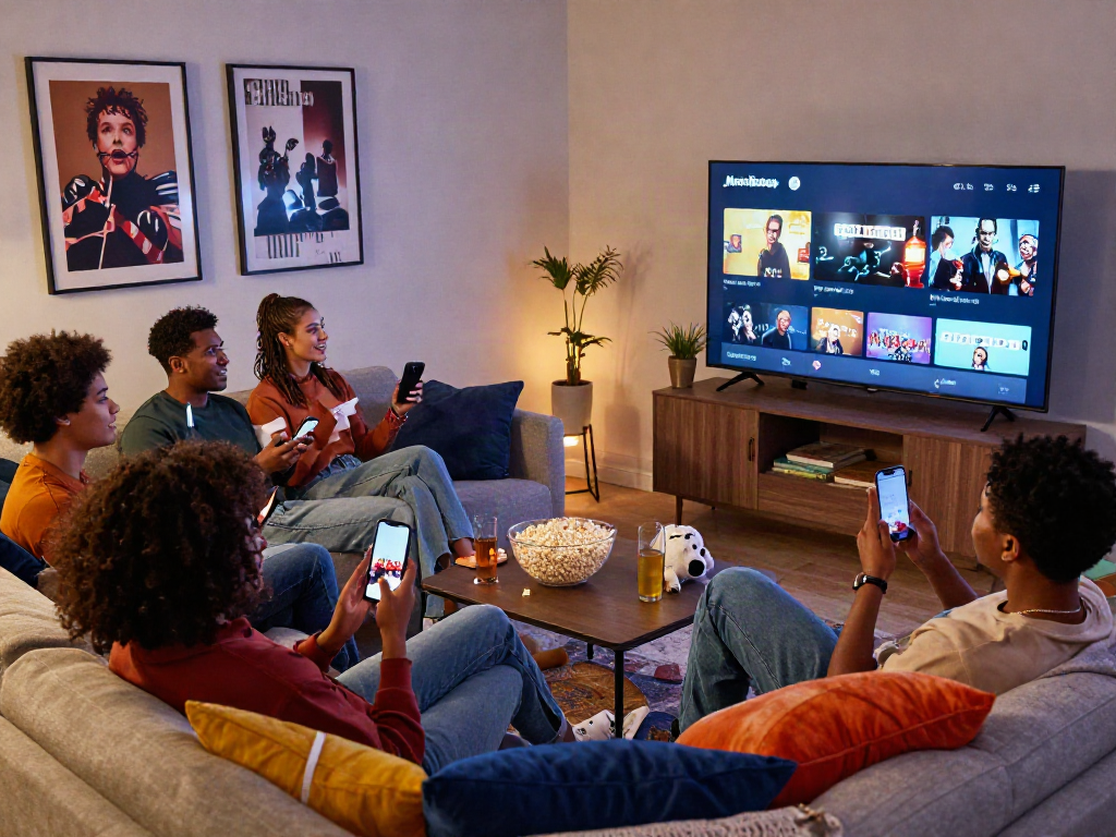 Friends enjoying a movie night using the Moviebox app in a cozy living room.