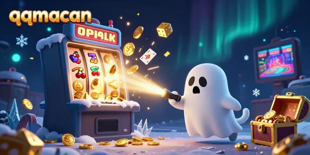 Experience thrilling jackpots with qqmacan's ghostly fun, featuring a mischievous monkey juggling coins in a haunted casino.