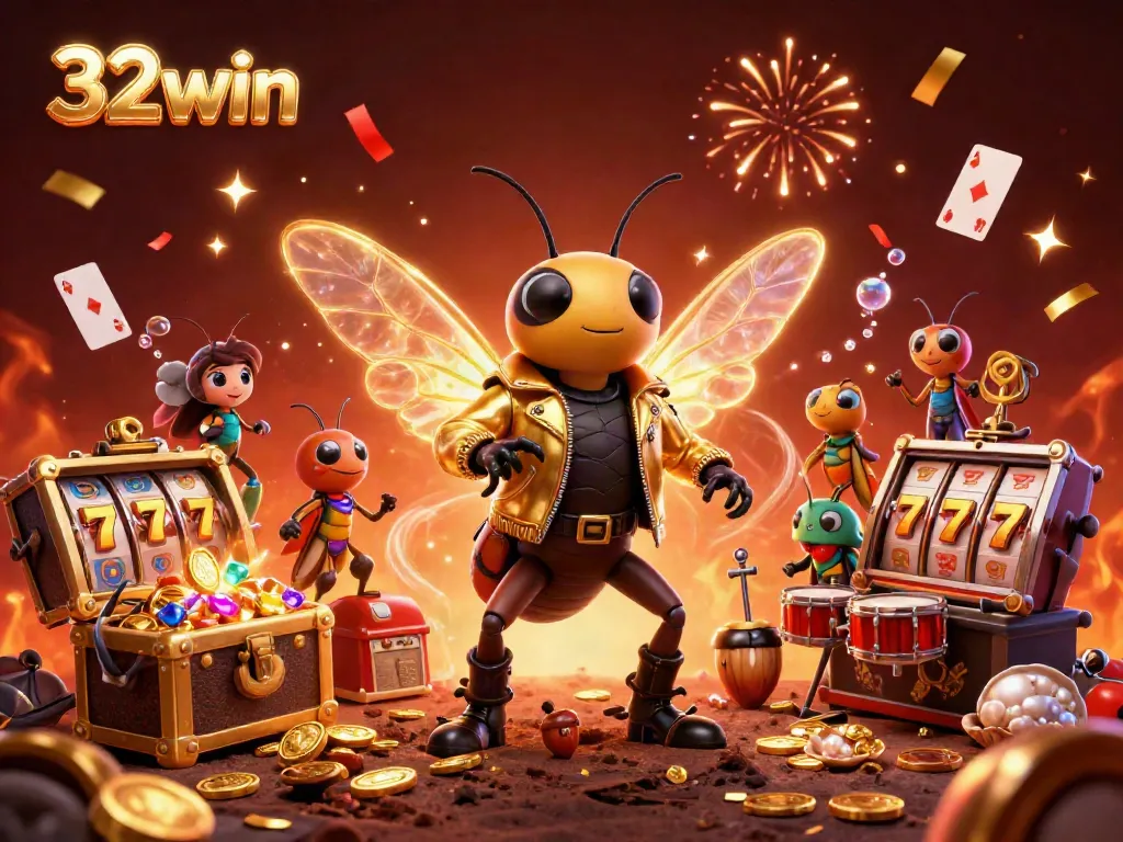 Experience the thrill of 32win with a vibrant 3D illustration featuring a cicada rock star, showcasing exciting casino elements.