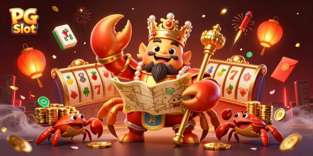 Permainan PG Slot dengan krustasea berwarna emas dan simbol slot yang bersinar, menambah kegembiraan.