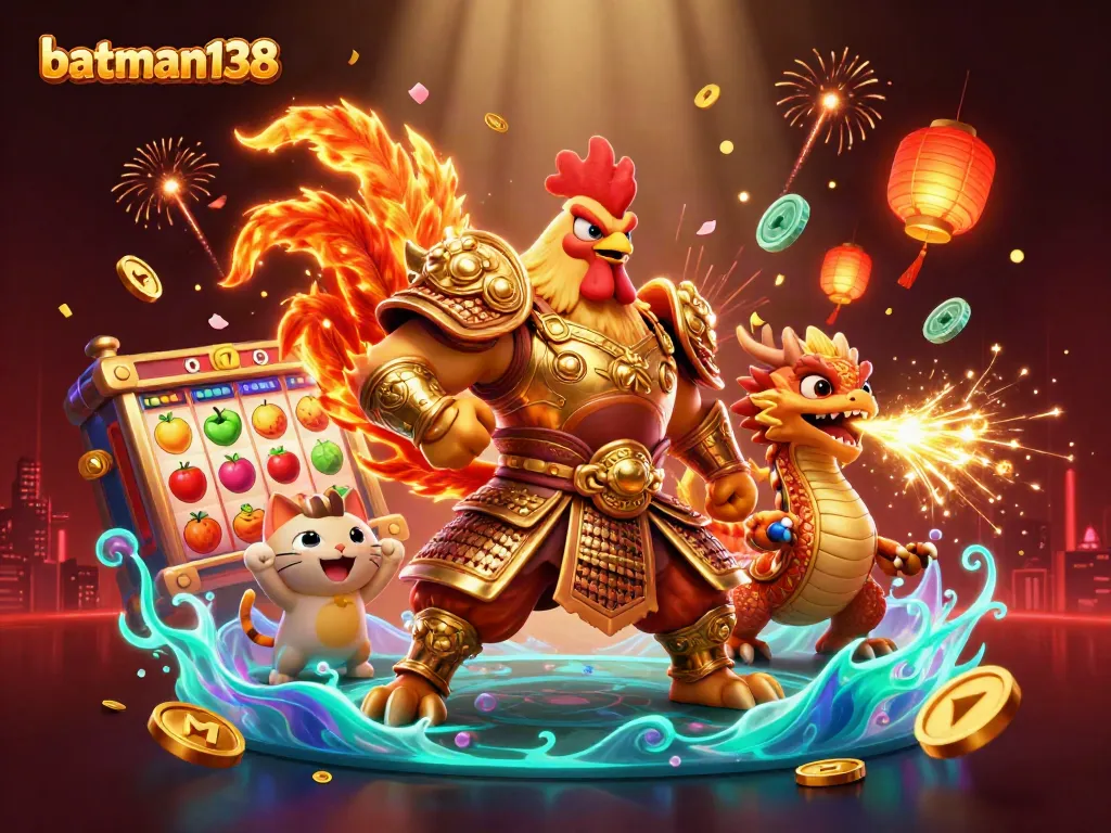 Experience the thrill of batman138 as a formidable rooster warrior stands beside a fierce dragon hatchling.