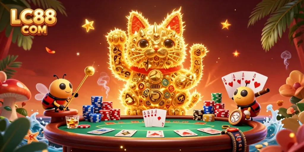 Engage in exciting gameplay with LC88 COM's dynamic casino elements featuring a lucky cat and poker scenes.