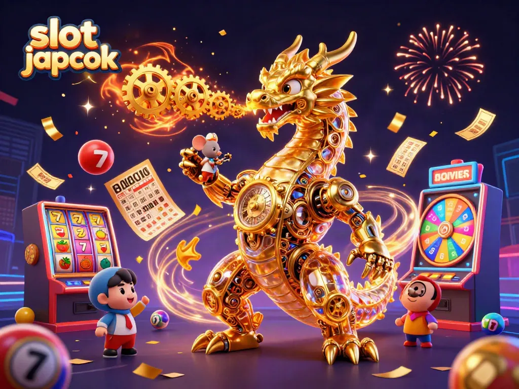 Experience the excitement of slot jackpot with a dynamic 3D illustration of a golden dragon amidst colorful casino elements.