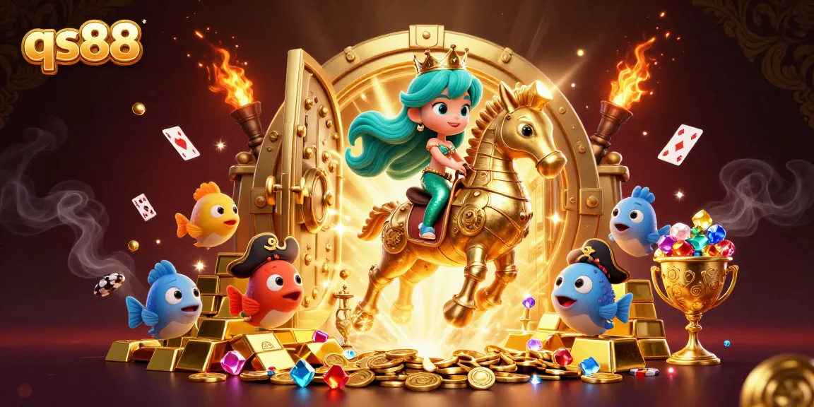 Engage with qs88's vibrant casino theme featuring a mermaid princess on a seahorse, playing cards, and treasure.
