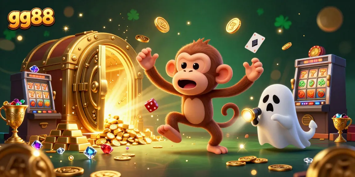 Engage with gg88 in a vibrant haunted casino scene filled with golden treasures and mischievous adventures.