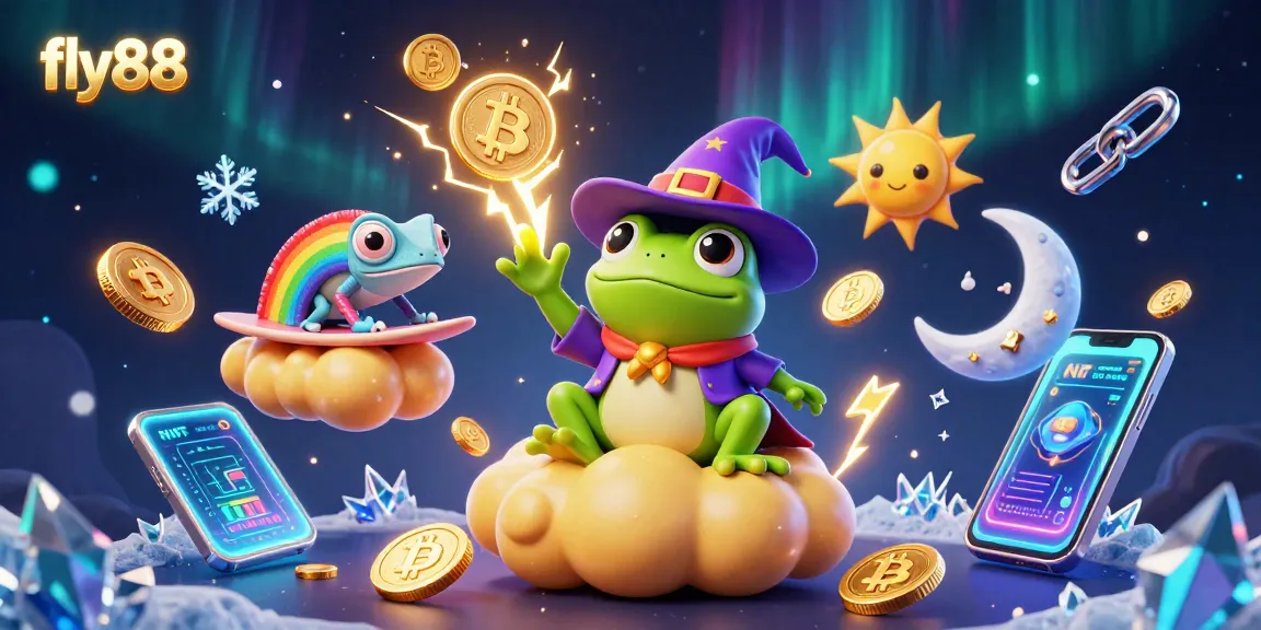 Experience fly88's vibrant gaming world with dynamic characters and crypto elements in a dazzling scene.