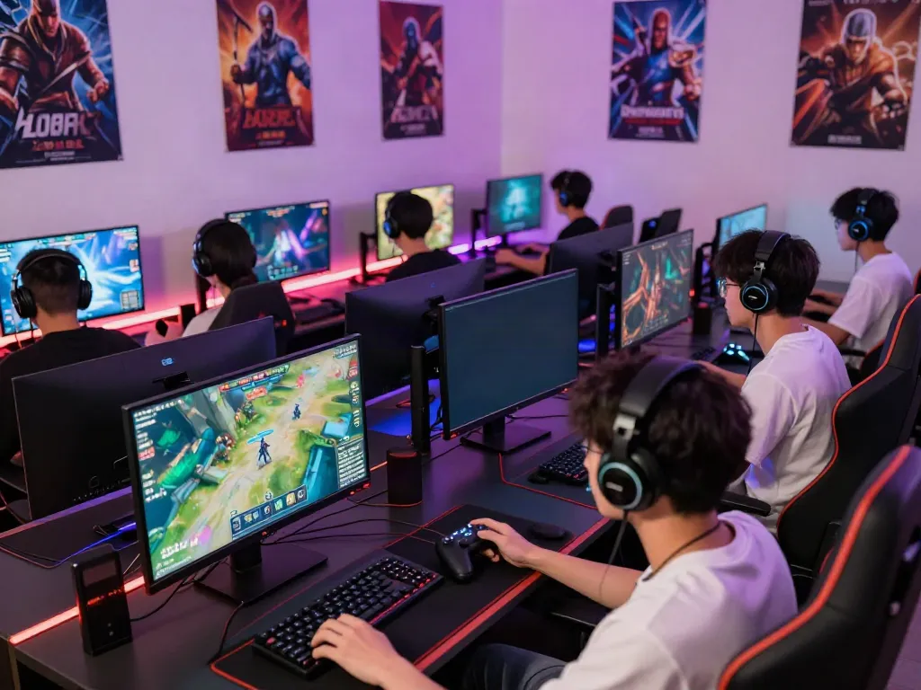 Players engaging in competitive gaming at home on QQMacan with vibrant graphics and lively setups.