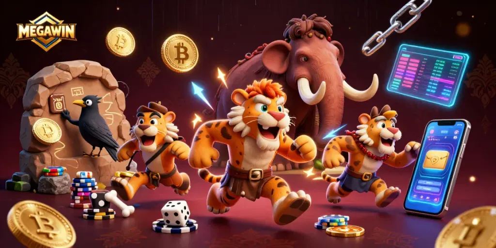 Bermain MEGAWIN dengan karakter kartun 3D, dikelilingi koin crypto dan elemen permainan kasino.
