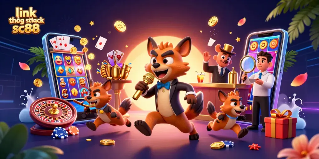 Experience the thrill of link không chặn sc88 at a vibrant casino scene filled with fun characters and games.