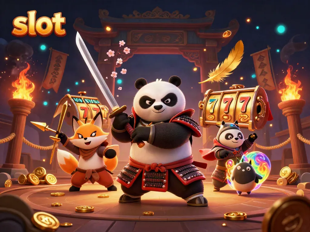 Slot mesin dengan karakter panda samurai dan rubah ninja, menampilkan simbol keberuntungan dan jackpot di arena penuh atmosfer.
