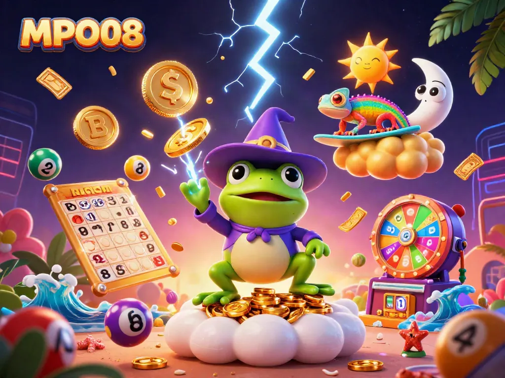 Engage with MPO08, where a weather wizard frog conjures gold coins amidst dynamic lottery and casino elements.