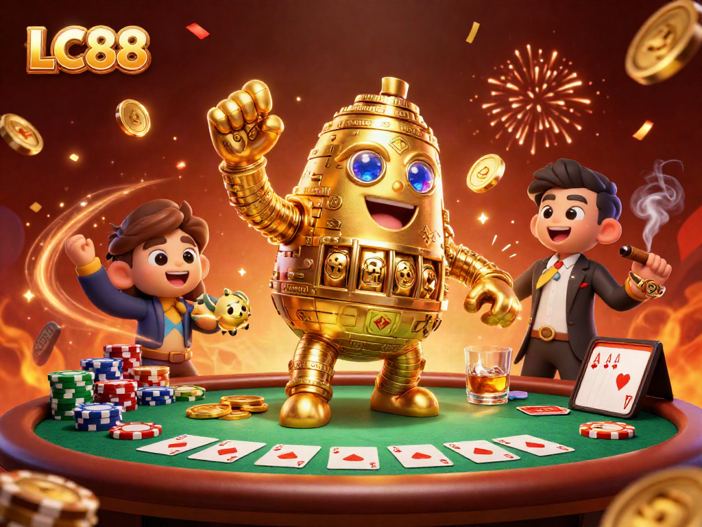 Engage with LC88: a vibrant casino scene featuring a golden golem amidst poker excitement.