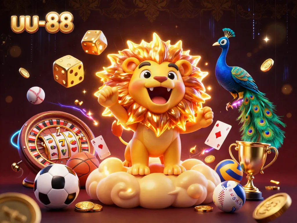 Experience the thrilling excitement of uu-88 with a roaring sun lion surrounded by casino game elements.