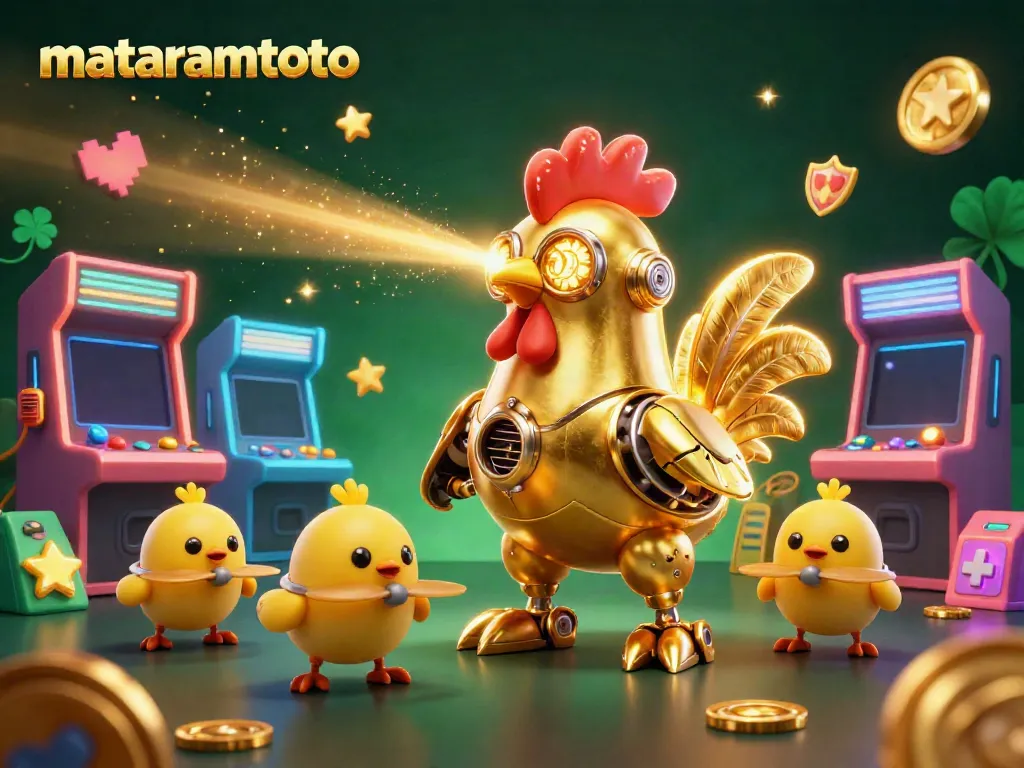 Engage with mataramtoto's retro-futuristic gaming world featuring a golden rooster robot, arcade machines, and vibrant energy.