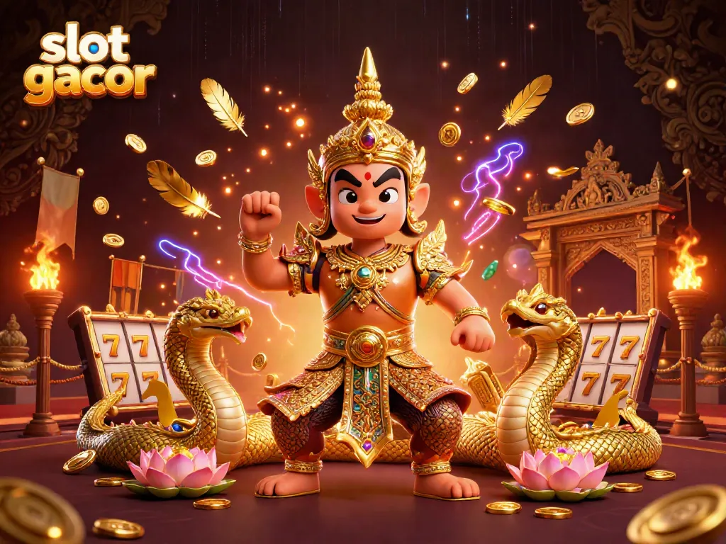 Experience the excitement of slot gacor with vibrant symbols and guardians in a 3D illustration.