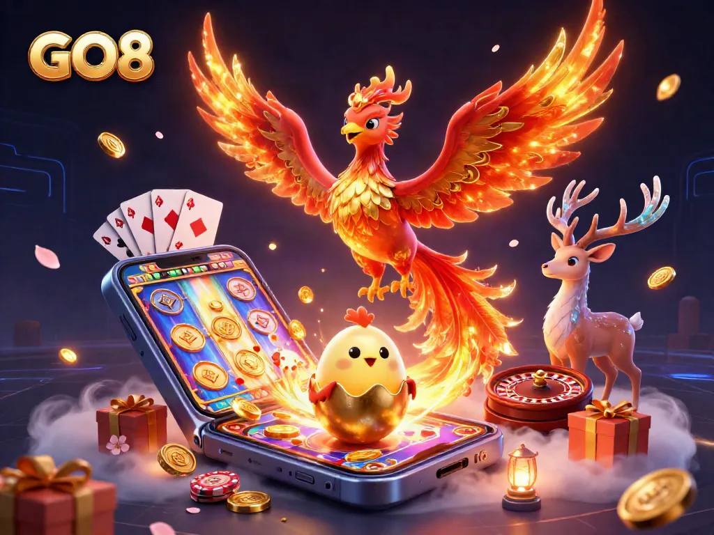 Spin to win with the GO8 casino-themed phoenix adventure showing vibrant slot game elements.