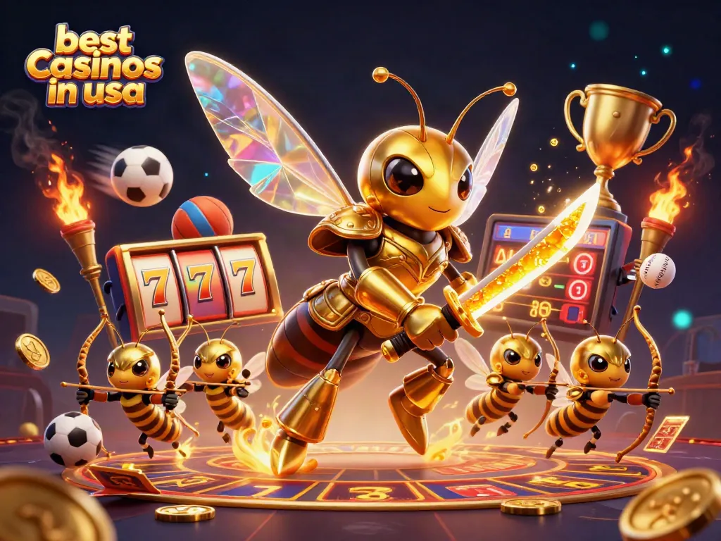 Experience the excitement at the best casinos in usa with vibrant slot reels and a golden hornet in action.