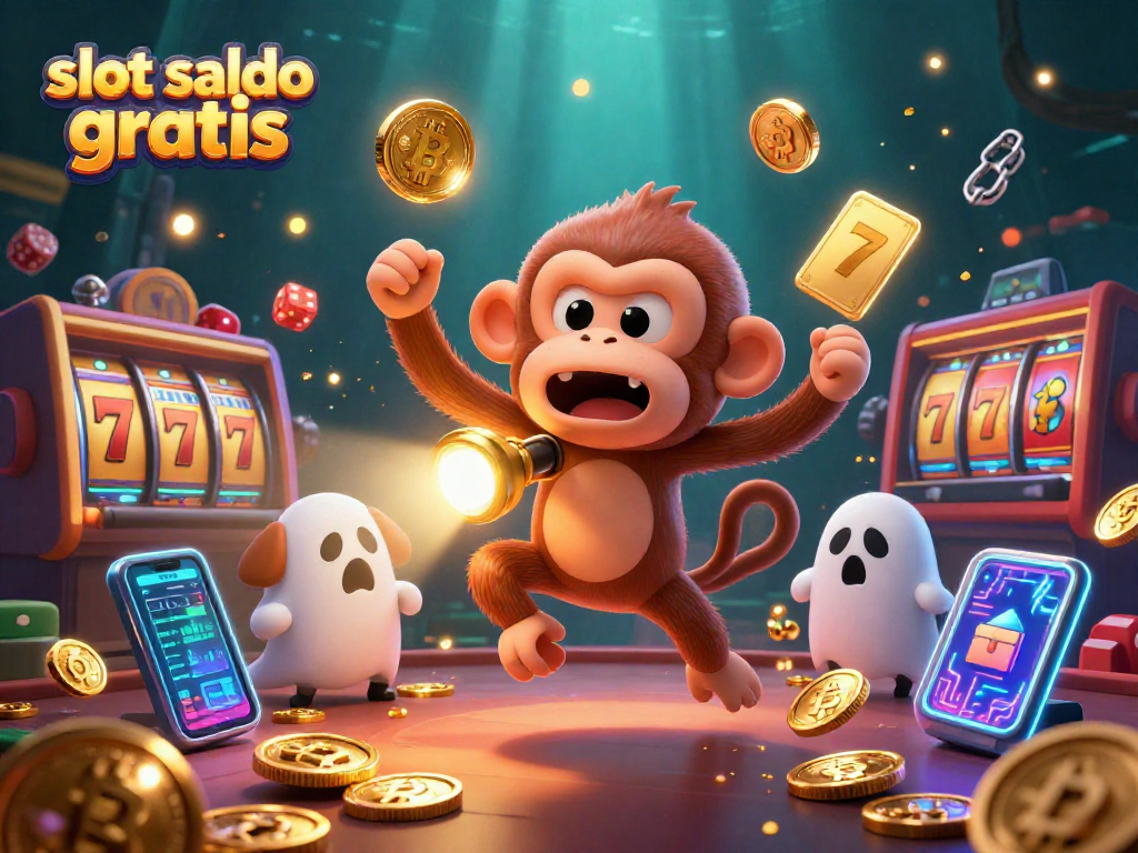 Track slot saldo gratis in a vibrant haunted casino with a playful poltergeist monkey.
