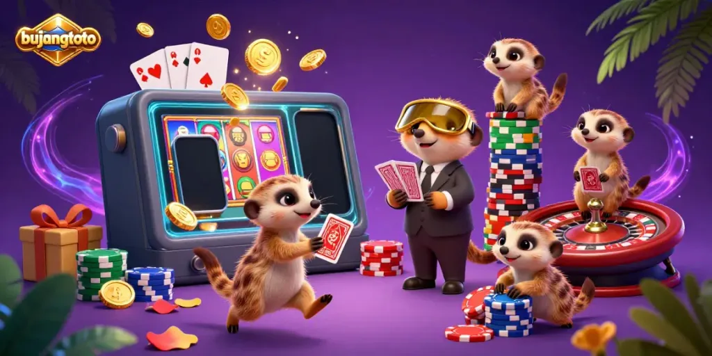 Engage with bujangtoto's fun-filled casino experience featuring meerkats running the slot game operation amidst colorful gaming elements.
