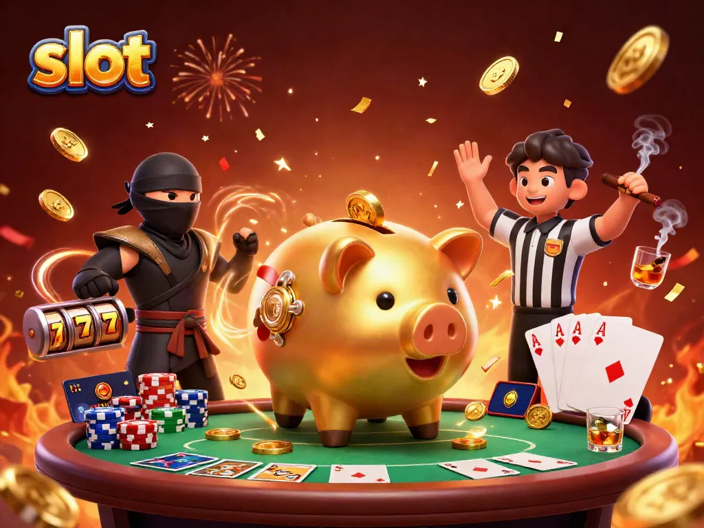 Pemain slot sangat bersemangat saat jackpot jatuh dari mesin dengan piggy bank sumo emas besar.
