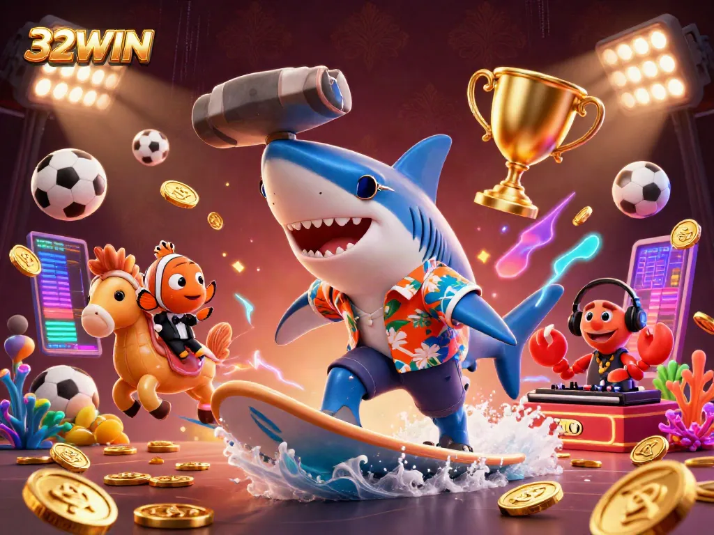 A cartoon hammer-head shark and friends enjoy a thrilling surf on gold coins at 32WIN.