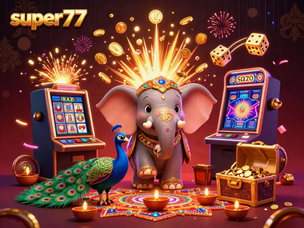Experience the thrill of playing at super77 with our vibrant 3D casino illustration featuring exciting slot elements and festive characters.