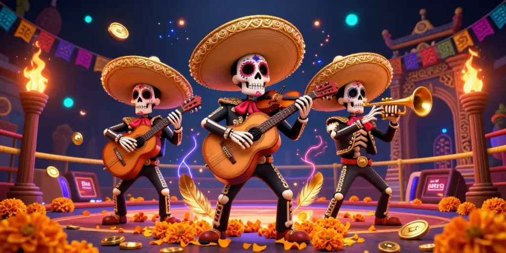 Situs gacor players celebrate with a colorful Day of the Dead mariachi band amidst casino excitement.